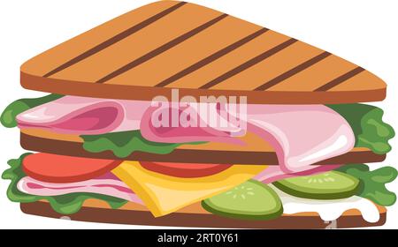 Sandwich con pane tostato o grigliato, fette di prosciutto e formaggio, pomodori e cetrioli, foglie di insalata e ingredienti vegetali. Snack salutari e gra Illustrazione Vettoriale