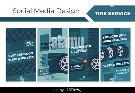 Set di banner sui social media con promozione sui servizi pneumatici. Offerta di riparazione delle ruote per auto sulla raccolta di pagine Web della storia di rete, illustrazione vettoriale. Fissare il servizio di trasporto Illustrazione Vettoriale