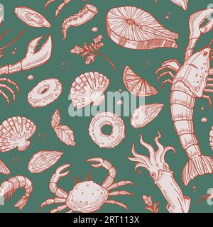 Granchio e molluschi, conchiglie senza cuciture Illustrazione Vettoriale