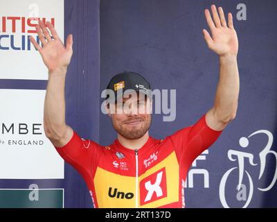 Gloucester, Regno Unito. 9 settembre 2023. Il ciclista norvegese Rasmus Tiller, vincitore della fase 7 del Tour of Britain. Crediti: Uwe Deffner/Alamy Live News Foto Stock