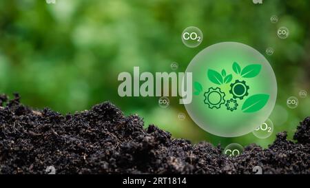 Concetto di riduzione delle emissioni di CO2, ambiente pulito e ecologico senza emissioni di anidride carbonica. Piantando alberi per ridurre le emissioni di CO2, ambientale Foto Stock