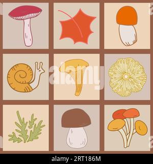 Collezione di carte quadrate con simboli autunnali disegnati a mano. Motivo autunnale colorato a scacchi senza cuciture. Illustrazione Vettoriale