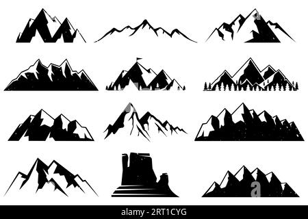 Set di vette di montagna silhouette. Montagna rocciosa isolata. Montagna, roccia, collina, picco. Illustrazione vettoriale illustrazione in bianco e nero. Illustrazione Vettoriale