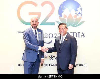 Nuova Delhi, India. 10 settembre 2023. Il Premier cinese li Qiang incontra il presidente del Consiglio europeo Charles Michel ai margini del vertice del G20 a nuova Delhi, India, 10 settembre 2023. Crediti: Yao Dawei/Xinhua/Alamy Live News Foto Stock