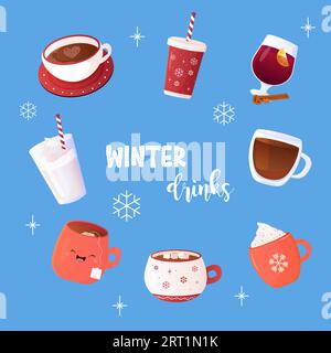 Bevande invernali, tè, caffè, set, clip art, illustrazione di vin brulé, mursmallow e lettering vettoriale Illustrazione Vettoriale