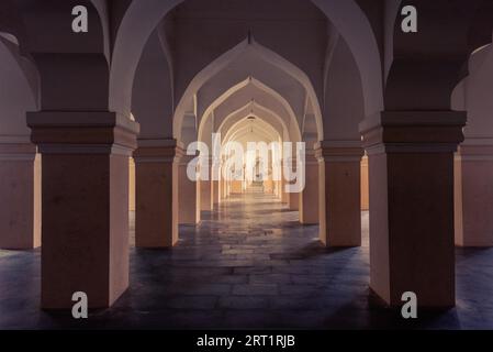 Corridoio nel Palazzo di Thanjavur Maratha a Tanjore, Tamil Nadu, India del sud in giorno di pioggia Foto Stock