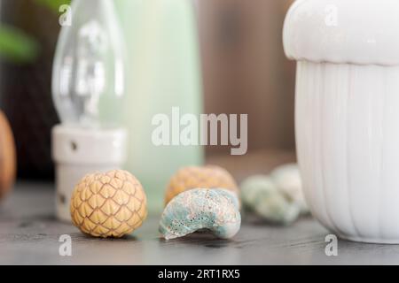 Primo piano di diversi oggetti decorativi del soggiorno su credenza di legno nero polveroso, lampadina, conchiglie marine e ciotola bianca Foto Stock