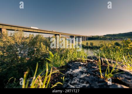 Ponte tedesco dell'Autobahn su sfondo sfocato con primo piano naturale in primo piano per l'autostrada A3 sul danubio vicino a Ratisbona con movimento Foto Stock