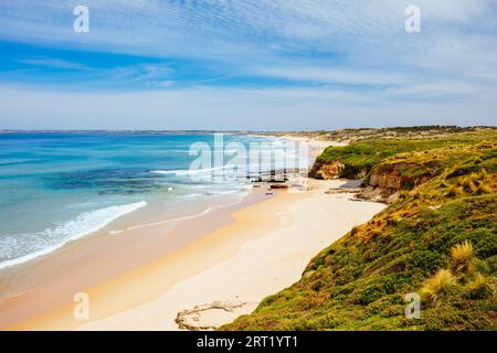 L'iconica Cape Woolamai Surf Beach e Cowrie Patch Beach a Phillip Island, Victoria, Australia Foto Stock