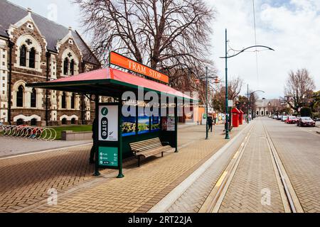 CHRISTCHURCH, NUOVA ZELANDA, 16 settembre 2019: Il famoso tram di Christchurch su Worcester Blvd che poi circola per la città. Uno dei tram più antichi Foto Stock