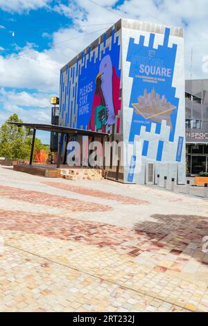 Melbourne, Australia, 10 ottobre 2020: Federation Square a Melbourne è tranquilla e vuota durante la pandemia di Coronavirus e il relativo blocco Foto Stock