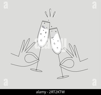 Bicchieri con reggicchieri reggette in stile linea piatta su sfondo grigio Illustrazione Vettoriale