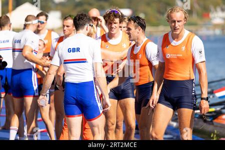 BELGRADO - Guus Mollee, Olav Molenaar, Jan van der bij, Guillaume Krommenhoek, Sander de Graaf, Jacob Van De Kerkhof, Gert-Jan Van Doorn, Mick Makker e timoniere Dieuwke Fetter in azione durante le ultime otto dell'ottavo e ultimo giorno dei Campionati mondiali di canottaggio nella capitale serba Belgrado. ANP IRIS VAN DEN BROEK Foto Stock