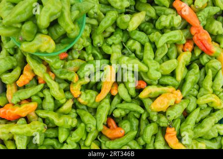 Pepe murupi verde fresco e maturo spalmato dappertutto al mercato di strada Foto Stock