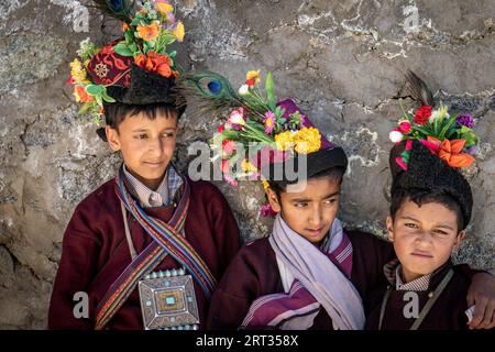 Ladakh, India, 29 agosto 2018: Gruppo di ragazzi indigeni a Ladakh, India. Editoriale illustrativo Foto Stock