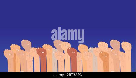 Alza le mani sull'illustrazione vettoriale con un colore della pelle diverso, tenendo i pugni in alto. illustrazione vettoriale Illustrazione Vettoriale