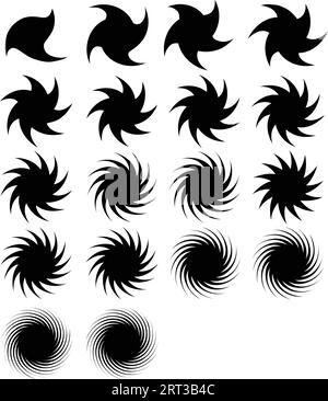 Spirali grafiche astratte: Movimento circolare, set di rotoli dinamici radiali.Design vettoriale, cerchio di turbolenza. forme rotanti. Set di rotoli, cerchio nero Illustrazione Vettoriale