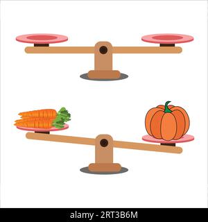 Confronto del peso in uno stile minimale dei cartoni animati, mostrando una situazione sbilanciata con bilanciamento su una sega. Illustrazione vettoriale. Illustrazione Vettoriale