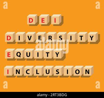 Blocchi DEL simbolo DEI. Banner Diversity, Equity, and Inclusion (DEI). Blocchi di lettere piastrelle su sfondo blu. informazioni generali sul concetto aziendale. vettore Illustrazione Vettoriale