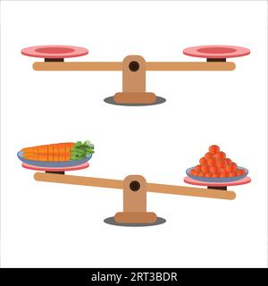 Bilancia pesatura su sfondo bianco. Confronto del peso in uno stile minimale dei cartoni animati, mostrando una situazione sbilanciata con bilanciamento su un'altalena Illustrazione Vettoriale