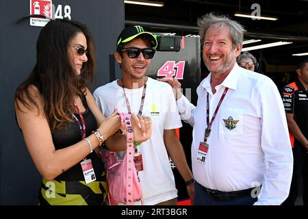 Valentino Rossi vr46 Francesca Sofia Novello e il presidente fmi Giovanni Copioli in occasione del Gran Premio Red Bull di San Marino e della Riviera di Rimini - Race and Press Conference, MotoGP World Championship a Misano Adriatico (RN), Italia, 10 settembre 2023 Foto Stock