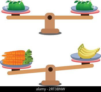 Bilancia pesatura su sfondo bianco. Confronto del peso in uno stile minimale dei cartoni animati, mostrando una situazione sbilanciata con bilanciamento su un'altalena Illustrazione Vettoriale