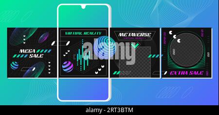 Modello post carosello instagram retro-futuristico con forme geometriche a reticolo e griglie geometriche 3d astratte. Banner sui social media. Schermate delle applicazioni mobili con elementi grafici per la pubblicità in vendita Illustrazione Vettoriale