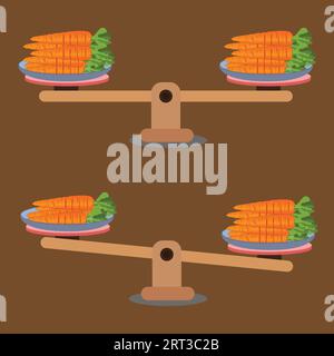 Confronto del peso in uno stile minimale dei cartoni animati, mostrando una situazione sbilanciata con bilanciamento su una sega. Illustrazione vettoriale. Illustrazione Vettoriale