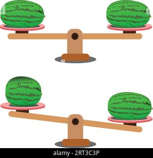 Confronto del peso in uno stile minimale dei cartoni animati, mostrando una situazione sbilanciata con bilanciamento su una sega. Illustrazione vettoriale. Illustrazione Vettoriale