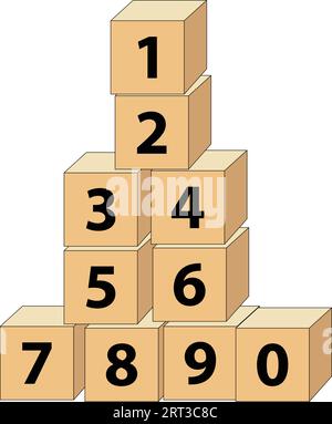 I blocchi numerici per bambini, da 0 a 9, sono blocchi educativi con lettere grandi che rappresentano uno, due, tre, quattro, ecc.. Illustrazione Vettoriale