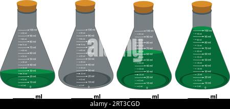 Matracci per misurazione chimica in vetro da laboratorio. con liquidi colorati in un set di illustrazioni vettoriali. Vetreria da laboratorio e contenitori con prodotti chimici. Illustrazione Vettoriale
