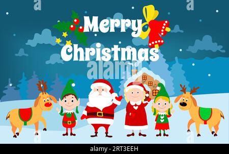 Babbo Natale, signora Babbo Natale, elfi e cervi che salutano. Cartoni animati da favola paesaggio invernale e testo buon Natale. Illustrazione vettoriale per il Capodanno natalizio. Illustrazione Vettoriale