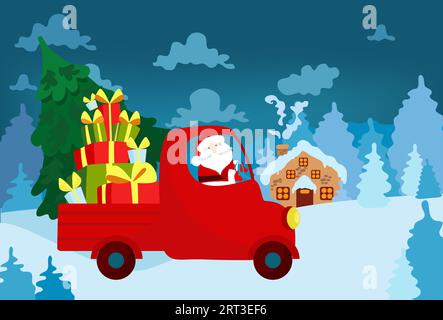 Babbo Natale porta con sé un abete e regala in un camion sullo sfondo di un paesaggio fiabesco invernale. Abeti, nuvole. Illustrazione Vettoriale