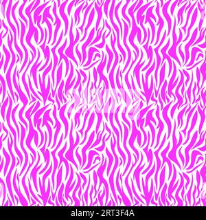 Motivo zebra senza cuciture magenta. Strisce rosa su sfondo bianco. Consistenza rosa di pelle animale a righe e pelliccia. Sfondo vettoriale alla moda per il design di tessuti, carta da imballaggio, tessuto, carta da parati, stampa Illustrazione Vettoriale