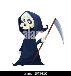 Grim reaper con falce. Il carattere della morte. Costume da scheletro di Halloween. Vignetta vettoriale illustrazione isolata su sfondo bianco. Illustrazione Vettoriale