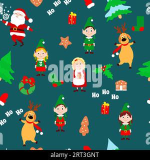 Motivo natalizio senza cuciture per confezioni, regali, tessuti, sfondi per le feste. Alberi di Natale, Babbo Natale, signora Babbo Natale, cervi, elfi, wreath. Illustrazione Vettoriale