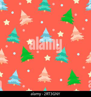 Molti abeti multicolori su sfondo corallino. Modello senza cuciture per tessuti, legature, sfondi. Illustrazione delle scorte vettoriali. Illustrazione Vettoriale