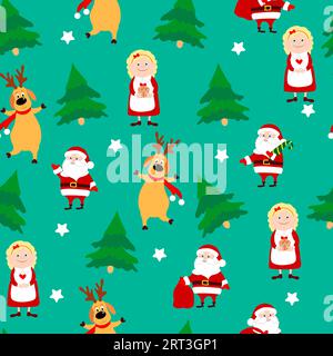 Motivo natalizio molto positivo senza cuciture su sfondo verde. Babbo Natale, signora Babbo Natale, cervi e molti alberi. Illustrazione vettoriale allegra. Illustrazione Vettoriale
