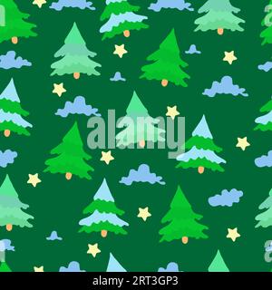 Pattern senza cuciture di abeti, nuvole e stelle della foresta su sfondo verde scuro. Modello per imballaggio, per regali di Natale, per carta da imballaggio. Illustrazione Vettoriale