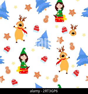 Motivo natalizio senza cuciture, cervi danzanti, elfi con regali, alberi di Natale blu, guanti rossi, pan di zenzero su sfondo bianco. Immagine per la confezione. Illustrazione Vettoriale