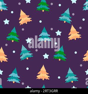 Motivo senza cuciture alberi di Natale multicolore, stelle e palle di neve su sfondo blu-viola. Decorazioni natalizie o invernali. Idea per il confezionamento. Illustrazione Vettoriale