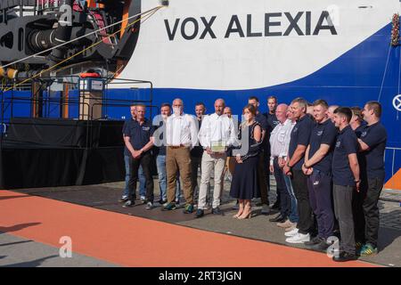 Rotterdam, Olanda meridionale, Paesi Bassi. 9 settembre 2023. Principessa Alexia dei Paesi Bassi, nel suo primo impegno pubblico con l'equipaggio della draga, durante la cerimonia di battesimo di oggi del ''˜VOX ALEXIAa' al terminal delle navi da crociera di Rotterdam. La draga ''˜Vox Alexia' prende il nome da sua altezza reale Principessa Alexia dei Paesi Bassi, la figlia di mezzo del re Willem-Alexander e della regina Maxima. Dopo il battesimo, alla principessa fu dato un tour della nave e parlò con i membri dell'equipaggio e i dipendenti dell'associazione Young Van Oord. La Vox Alexia è un'allettante suzione Foto Stock