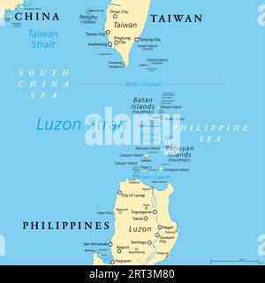 Luzon Strait, mappa politica. Stretto tra Luzon e Taiwan, che collega il Mar delle Filippine al Mar Cinese meridionale nell'Oceano Pacifico occidentale. Foto Stock