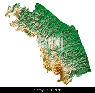 Marche. Una regione d'Italia. Rendering 3D dettagliato di una mappa di rilievo ombreggiata, fiumi, laghi. Colorato in base all'elevazione. Sfondo bianco puro. Foto Stock