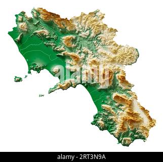 Campania. Una regione d'Italia. Rendering 3D dettagliato di una mappa di rilievo ombreggiata, fiumi, laghi. Colorato in base all'elevazione. Sfondo bianco puro. Foto Stock