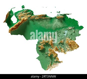 Venezuela. Rendering 3D estremamente dettagliato di una mappa di rilievo ombreggiata con fiumi e laghi. Colorato in base all'elevazione. Sfondo bianco puro. Foto Stock