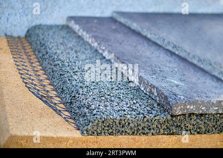 Strati di pavimentazione durante la posa di asfalto sulla strada e sul marciapiede. Sabbia, ghiaia e asfalto riempiti di catrame Foto Stock