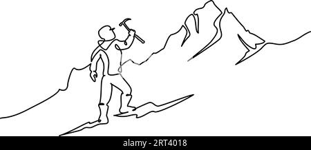 L'alpinista sale in cima alla montagna. Giornata nazionale di arrampicata sulle montagne. Disegno continuo a una linea. Illustrazione vettoriale grafica di contorno Illustrazione Vettoriale