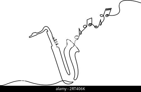 Splendido sassofono con note musicali One Line Stroke. Disegno continuo a una linea. Illustrazione vettoriale grafica di contorno Illustrazione Vettoriale