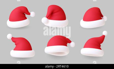 cappelli di babbo natale 3d. Cappello di Natale realistico e moderno accessori con testa rossa per le feste di Natale. Simbolo dell'anno nuovo, rendering invernale con elementi vettoriali pithy Illustrazione Vettoriale